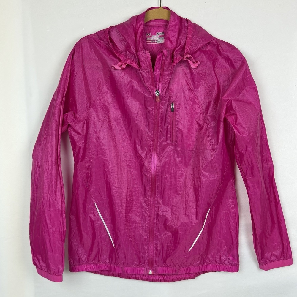 Under Armour Run Jacket Womens Medium Pink Hooded Windbreaker HeatGear